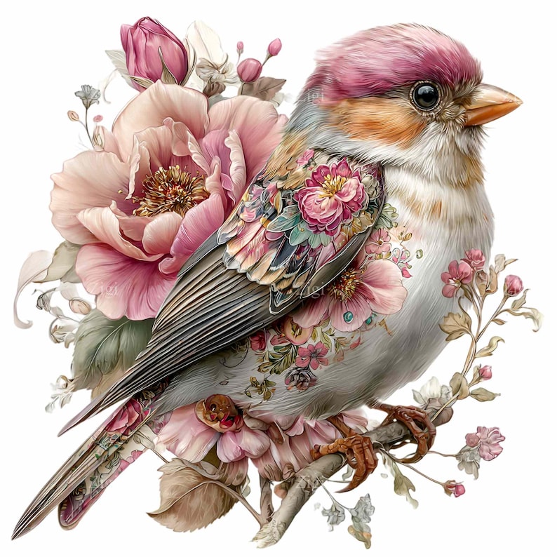 May include: A watercolor illustration of a bird with pink and gray feathers, perched on a branch. The bird is adorned with floral patterns and surrounded by large pink flowers and buds. The artwork has a soft, delicate aesthetic.
