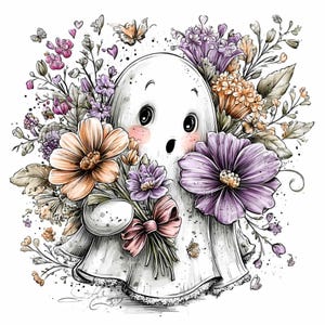 May include: A whimsical illustration of a friendly ghost holding a bouquet of colorful flowers. The ghost is white with rosy cheeks and large, expressive eyes. The flowers are in shades of orange, purple, and pink, with green foliage and a pink bow.
