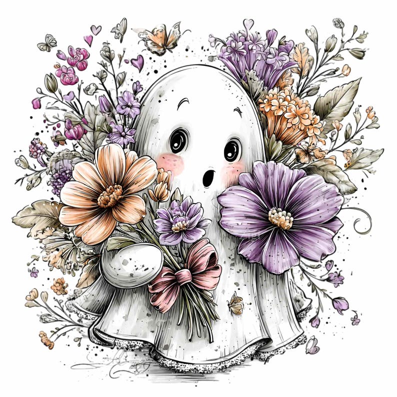 May include: A whimsical illustration of a friendly ghost holding a bouquet of colorful flowers. The ghost is white with rosy cheeks and large, expressive eyes. The flowers are in shades of orange, purple, and pink, with green foliage and a pink bow.