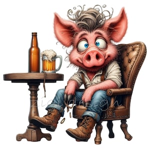Cute Pig Drinking Beer Clipart 15 PNG - Arte digitale divertente e stravagante per progetti artigianali e Scrapbooking
