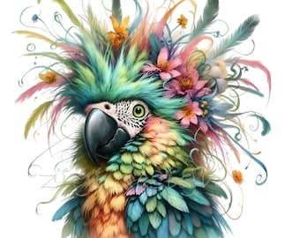 15 Tropical Parrot PNG Clipart - Colorful Macaw with Floral Feathers and Funny Face - Exotic Bird Art for Summer Sublimation Crafts
