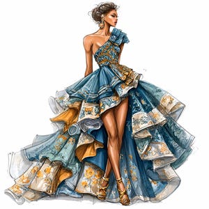 Peut inclure: Illustration de mode d'une femme portant une robe bleue à une épaule avec des volants superposés. La robe présente un motif floral jaune et blanc. Des sandales dorées à talons hauts complètent le look.