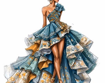 12 PNG Fashion Illustration Blue Ruffle Gown Model Art