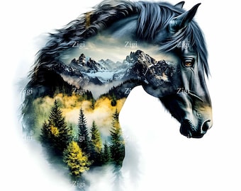 May include: A black horse's head with a double exposure of a mountain range and forest scene. The mountains are snow-capped and the forest is lush and green.