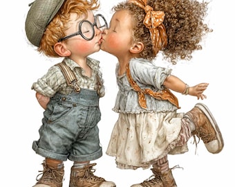 16 PNG Vintage Children Kissing, Retro Watercolor Clipart
