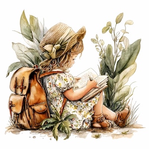 Könnte beinhalten: Aquarellillustration eines Kindes, das im Freien liest. Das Kind trägt einen Strohhut und ein Blumenkleid, daneben ein brauner Rucksack. Umgeben von üppigem Grün, entsteht eine friedliche und natürliche Szenerie.