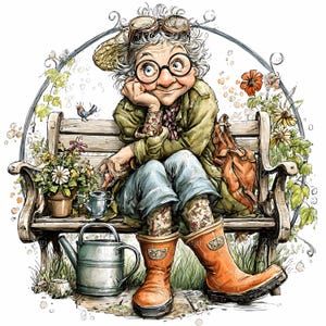 17 JPEG Garden Grandma – Funny JPG Clipart – Whimsical Elderly Woman Illustration with Flowers for Cards, Wall Art, Printables, Scrapbook
