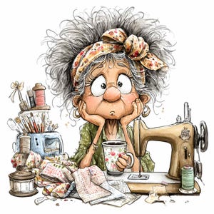 14 PNG couturière - Image clipart PNG grand-mère - scène d'artisanat vintage avec du tissu et du café pour des autocollants, des cartes et des oeuvres d'art DIY