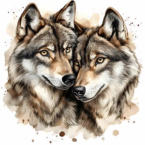 26 imágenes prediseñadas de lobos románticos en formato JPEG: dos lobos amorosos acurrucándose en una escena de bosque con acuarela, arte de vida salvaje, descarga digital en formato JPG