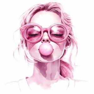 20 imágenes prediseñadas en formato JPEG de chica con chicle rosa y gafas de sol de gran tamaño en estilo acuarela