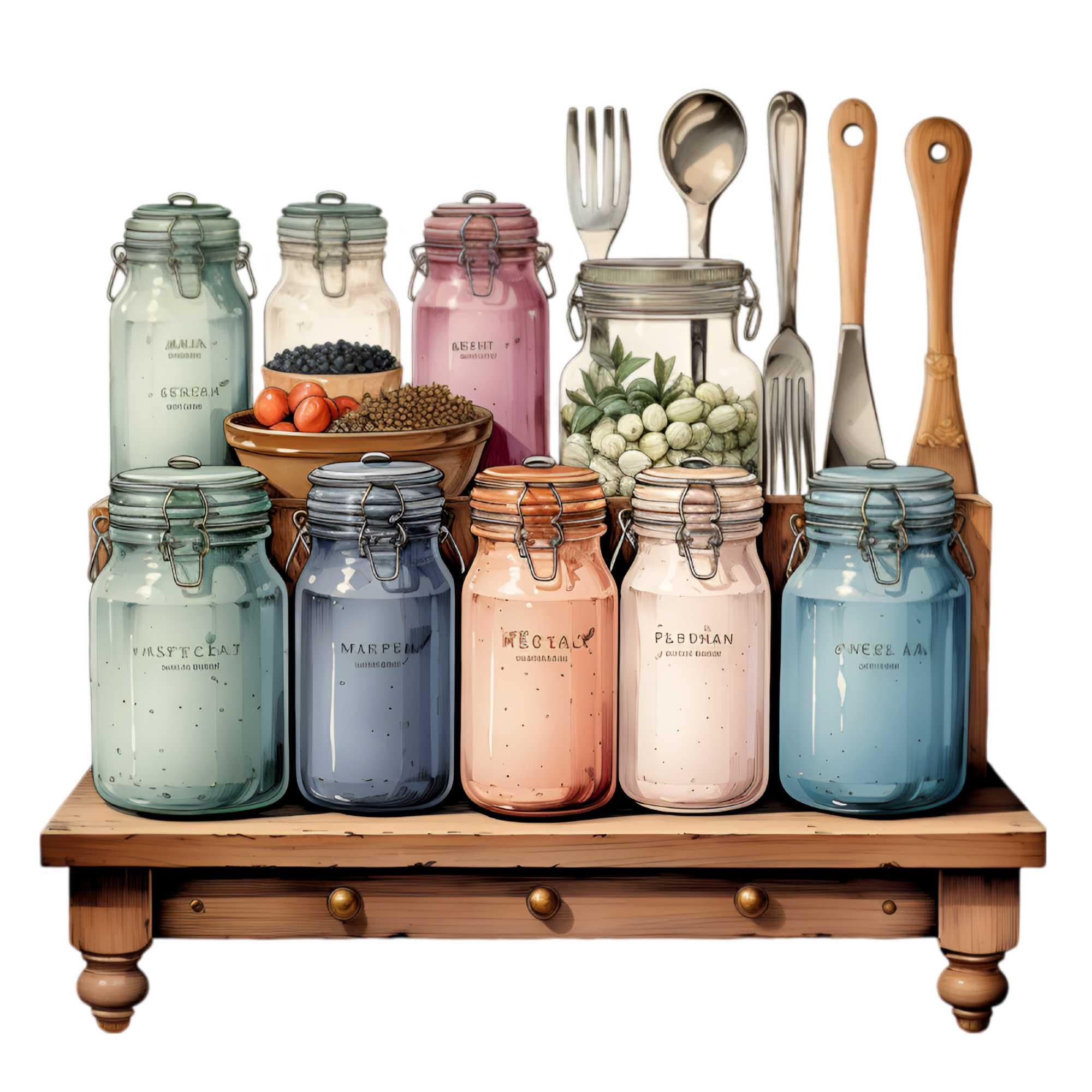 15 PNG Rustic Kitchen Cooking Utensils Clipart, Pantry Jars Art Graphic ...