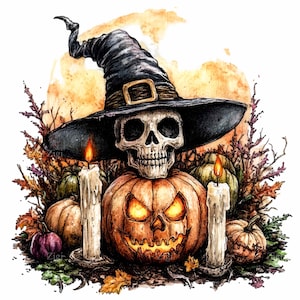 12 png-griezelige Halloween-schedel en pompoen PNG-clipart, heksenhoedschedel met kaarsen en lantaarnpaal, gotische herfstsublimatiekunst