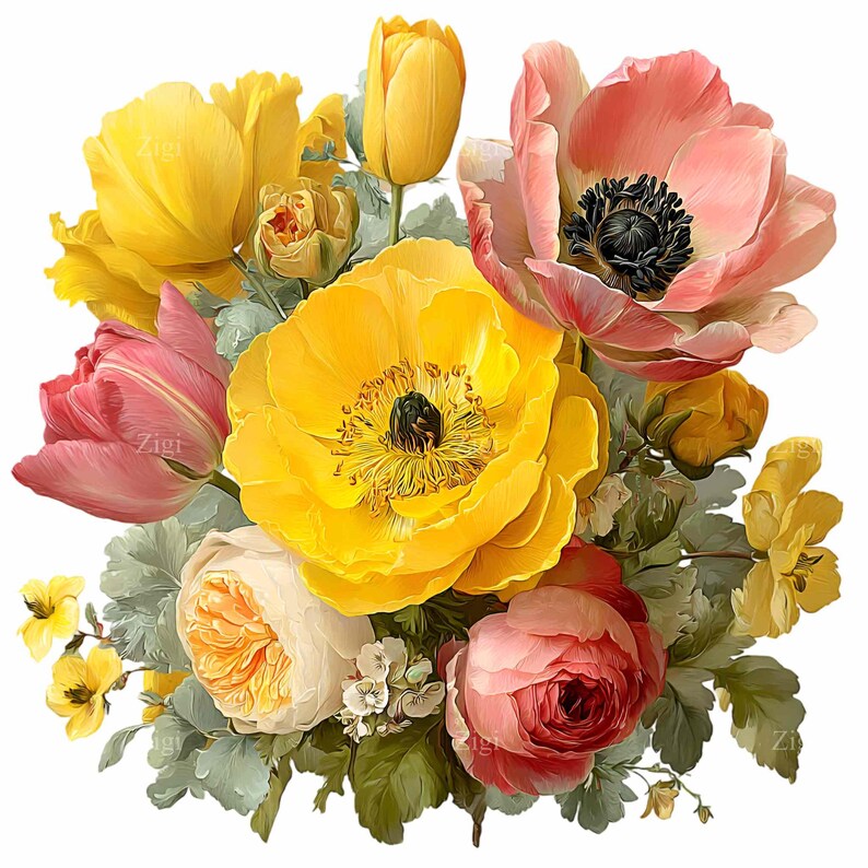 15 PNG Watercolor Flower Bouquet Clipart, Botanical Spring Floral ...