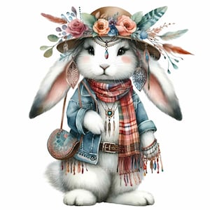 12 cliparts PNG lapin à la mode - lapin mignon avec chapeau floral et accessoires - art numérique lapin élégant