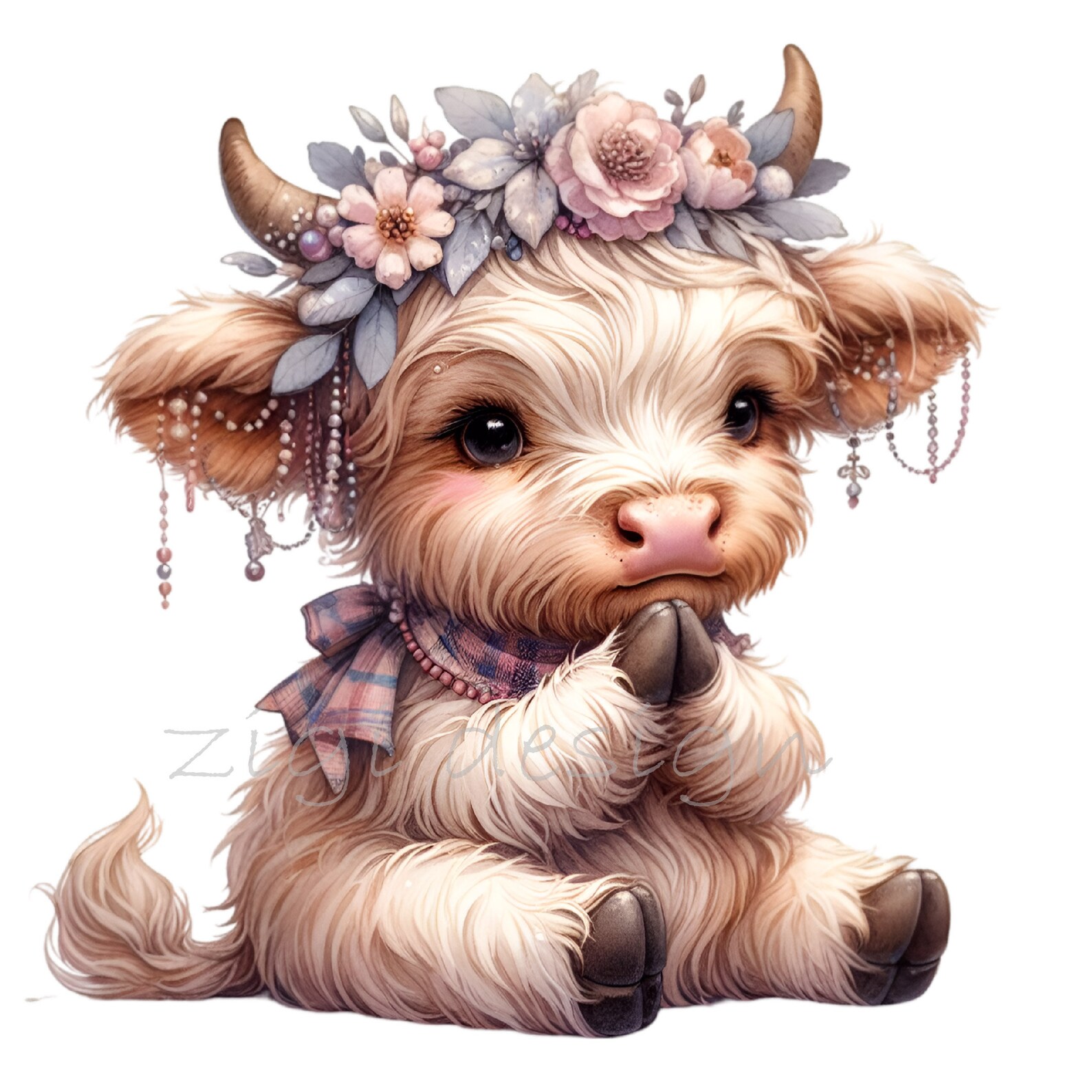 12 PNG Floral Highland Cow Baby Heifer Clipart, Pink Rose Sublimation ...