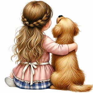 12 Niña abrazando a un perro PNG Clipart, Niña con cabello largo e ilustración de cachorro dorado, Descarga digital