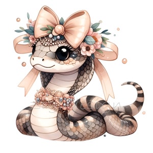 Pacote com 15 clipart de cobra floral PNG - Ilustração fofa de cobra com laço e flores - Download digital de alta resolução para artesanato, sublimação