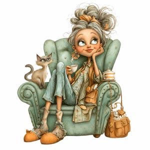 Könnte beinhalten: Illustration einer Frau mit grauem Haar, die eine gelbe Jacke und blaue Hose trägt und in einem türkisfarbenen Sessel sitzt. Sie hält eine Teetasse, mit einer Katze daneben. Eine braune Handtasche und eine Teekanne sind ebenfalls vorhanden. Der Stil ist skurril.