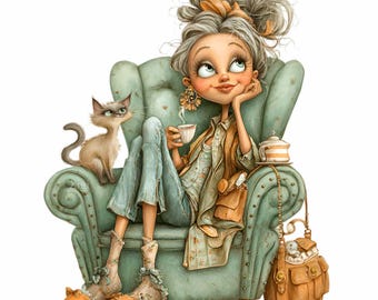 15 PNG Whimsical lady clipart - funny woman with cat PNG - digital download for crafters, cards, mugs, wall art, sublimation projects