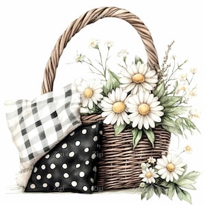 19 PNG Daisy Basket PNG Clipart, Rustykalny Kwiatowy Wiklinowy Kosz, Dekoracja Wiejska Domowa Cyfrowe Pobieranie