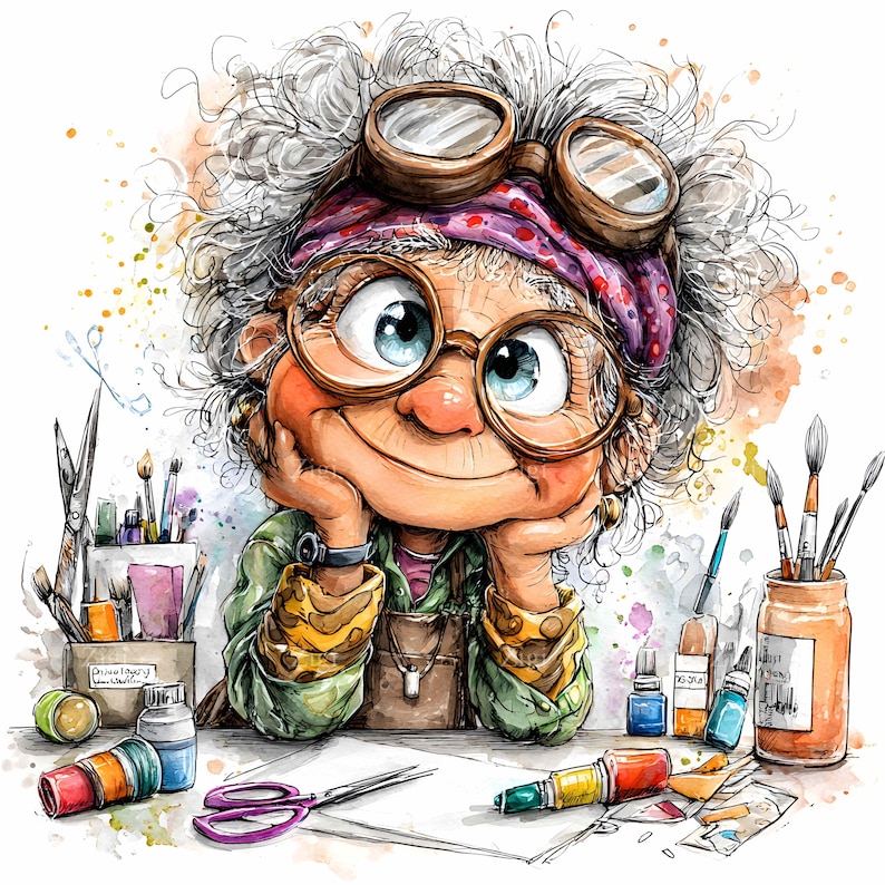 May include: A whimsical watercolor illustration of an elderly artist with glasses and goggles, resting her chin on her hands. She is surrounded by art supplies, including paintbrushes, scissors, and paint tubes. The color palette is vibrant, with splashes of watercolor.