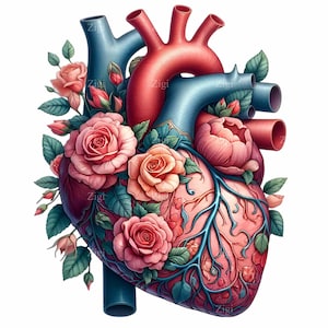 14 imágenes prediseñadas PNG de corazón anatómico floral, corazón caprichoso con rosas, arte botánico de fantasía detallado