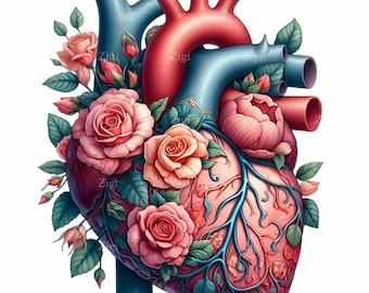 14 Floral Anatomical Heart PNG Clipart, Whimsical Heart with Roses, Detailed Botanical Fantasy Art