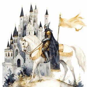 16 JPEG Knight on Horse Clipart JPEG – Medieval Warrior in Gold Armor with Castle and Flag, Fantasy Royal Cavalry Illustration Art