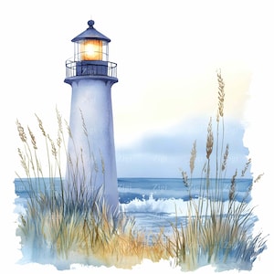 18 imágenes prediseñadas de acuarela de faro costero JPEG, faro costero con hierba alta, arte náutico oceánico, descarga digital JPG