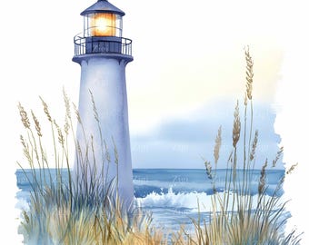 18 JPEG Coastal Lighthouse Watercolor Clipart, Seaside Beacon with Tall Grass, Nautical Ocean Art, Digital Download JPG
