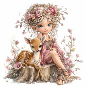 May include: A digital illustration of a fairy with a flower crown and a fawn. The fairy wears a pink dress and sits on a tree stump surrounded by pink flowers. The fawn has white spots and sits next to the fairy.