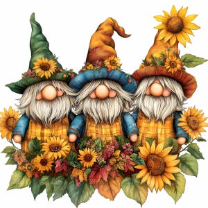 15 Herbst Zwergen Trio PNG Clipart – Herbst Zwerge in Schottenkaro mit Sonnenblumen, Blättern & Hüten – Ernte Zwergen Kunst für Sublimation