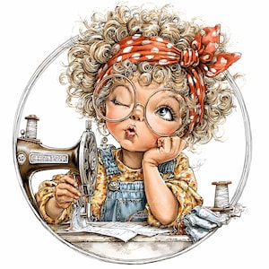 19 JPEG schattig naaimeisje clipart – retro ambachtelijke illustratie – grillige naaister kunst voor kinderen, doe-het-zelfprojecten of handgemaakt zakelijk gebruik