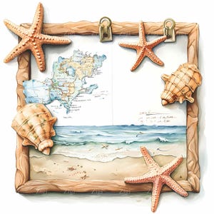 20 JPEG plage mémoire cadre aquarelle Clipart, carte nautique avec coquillages et étoiles de mer, art du voyage côtier, téléchargement numérique JPG