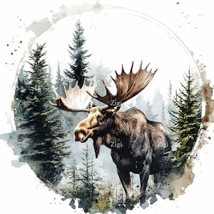 20 imágenes prediseñadas de alces majestuosos en formato JPG con escena forestal, acuarela, animales salvajes, arte rústico, decoración de bosques, descarga instantánea