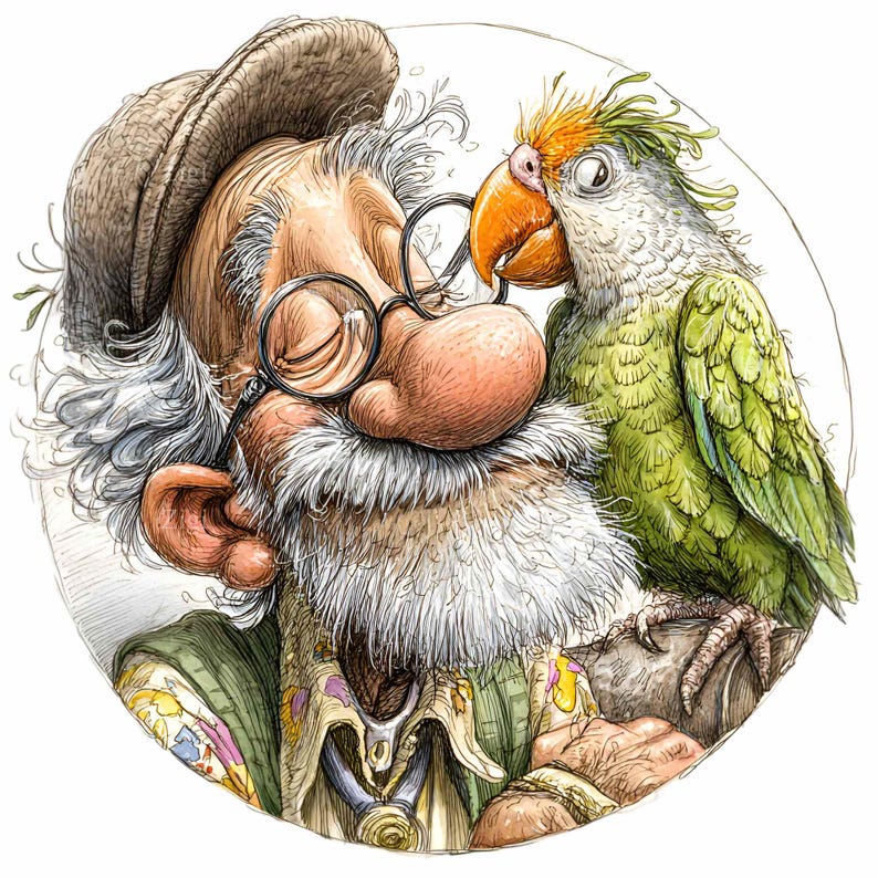 10 PNG Old Man With Blue Parrot Clipart, Whimsical Bird Lover, Senior ...