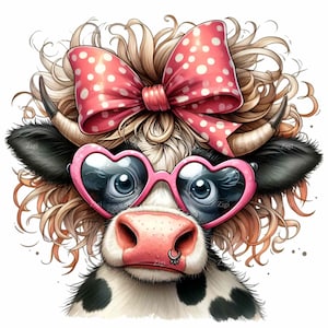Può includere: Una mucca bianco e nera con occhiali da sole a forma di cuore rosa e un fiocco rosa con pois bianchi nei suoi capelli biondi ricci.