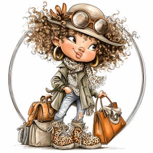 16 imágenes prediseñadas JPEG de chica viajera: Ilustración de exploradora con cabello rizado: Arte de niña adorable con equipaje para álbumes de recortes, agendas o decoración de viajes