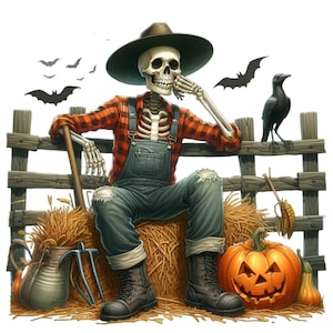 15 PNG di scheletro contadino di Halloween, Clipart di balle di fieno autunnali, Corvo spettrale e pipistrelli rustici da scaricare per Halloween