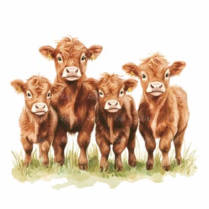 25 JPEG ふわふわの牛のクリップアート JPG – 草の上に立つ 4 頭の茶色の子牛、農場の動物アート、かわいい田舎の牧草地のイラスト