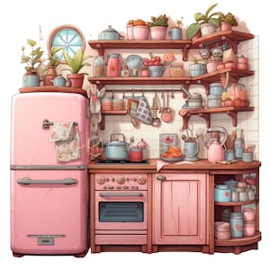 25 Retro Pink Küche PNG Clipart, Vintage Kühlschrank & Herd mit rustikalen Regalen, digitaler Download, Kochen Raum Kunst