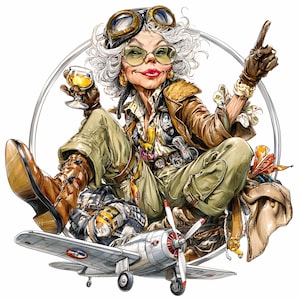 16 JPEG Vintage pilot woman clipart – Cool aviator cartoon JPG – Fun retro art for prints, cards, travel decor, planner stickers