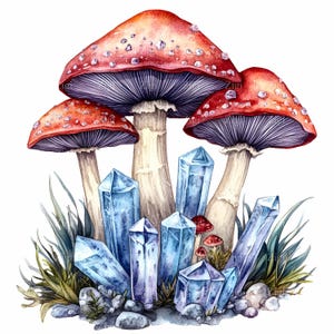 32 JPEG champignon cristal Clipart JPG, champignons vénéneux rouges avec grappe de quartz bleu et rochers, Fantasy Forest champignons Art imprimable