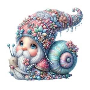 15 Clipart PNG di Gnomo Lumaca – Gnomo stravagante con conchiglia floreale, perle, cappello pastello e un simpatico amico lumaca – Arte digitale