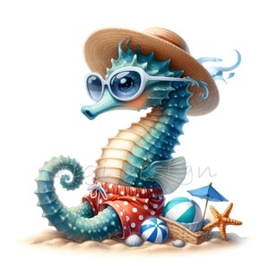 10 Beach Seahorse PNG Clipart, Uroczy konik morski w okularach przeciwsłonecznych i kapeluszu, Sztuka wakacji letnich, Pobieranie cyfrowe