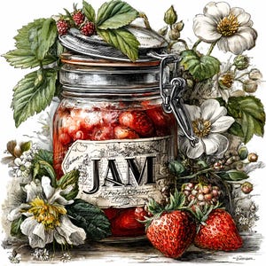 Strawberry jam clipart – Fruit jar PNG – Digital download for farmhouse kitchen decor, recipe cards, labels, scrapbooking, DIY crafts
