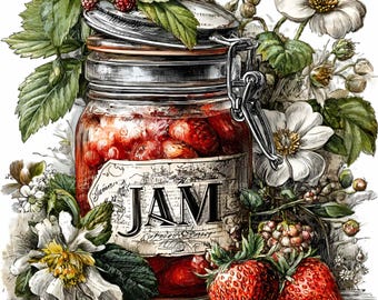 10 PNG Strawberry jam clipart – Fruit jar PNG – Digital download for farmhouse kitchen decor, recipe cards, labels, scrapbooking, DIY crafts