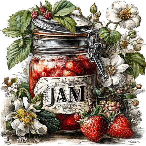 10 PNG Strawberry jam clipart – Fruit jar PNG – Digital download for farmhouse kitchen decor, recipe cards, labels, scrapbooking, DIY crafts
