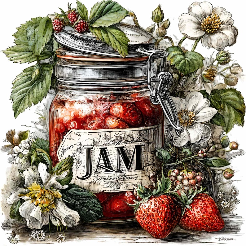 Strawberry jam clipart – Fruit jar PNG – Digital download for farmhouse kitchen decor, recipe cards, labels, scrapbooking, DIY crafts