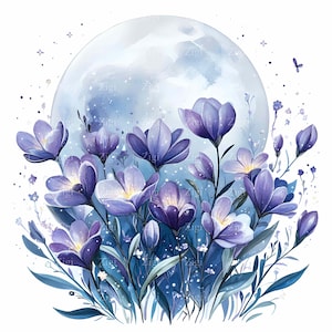 20 imágenes prediseñadas florales de luna azul JPEG, flores de azafrán púrpura JPG, descarga digital de impresión botánica celestial